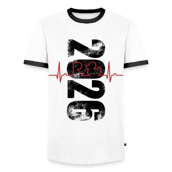 Rente 2026 - Retraite - Courbe ECG de rente - T-shirt contrasté Homme - blanc/noir - Devant - AI Model Female 172 light (172cm) & AI Model Male 178 dark (178cm)