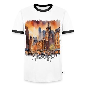 Aquarelle de Manchester, Manchester Angleterre - T-shirt contrasté Homme - blanc/noir - Devant - AI Model Female 172 light (172cm) & AI Model Male 178 dark (178cm)