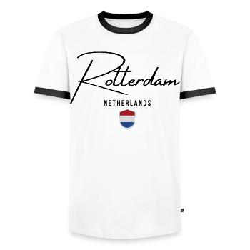 Rotterdam, Niederlande, ich liebe Rotterdam - Männer Kontrast-T-Shirt - Weiß/Schwarz - Vorne - AI Model Female 172 light (172cm) & AI Model Male 178 dark (178cm)