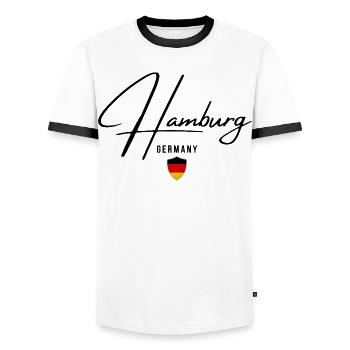 Design élégant Hambourg, Hambourg Allemagne - T-shirt contrasté Homme - blanc/noir - Devant - AI Model Female 172 light (172cm) & AI Model Male 178 dark (178cm)