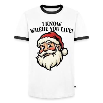 Je sais où tu habites - Père Noël - T-shirt contrasté Homme - blanc/noir - Devant - AI Model Female 172 light (172cm) & AI Model Male 178 dark (178cm)