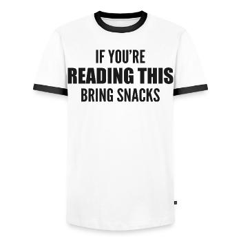if you're reading this bring snacks - Men's Ringer Shirt - white/black - Front - AI Model Female 172 light (172cm) & AI Model Male 178 dark (178cm)