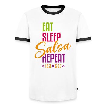 Eat Sleep Salsa Repeat – Dance Outfit 123-567 - Men's Ringer Shirt - white/black - Front - AI Model Female 172 light (172cm) & AI Model Male 178 dark (178cm)