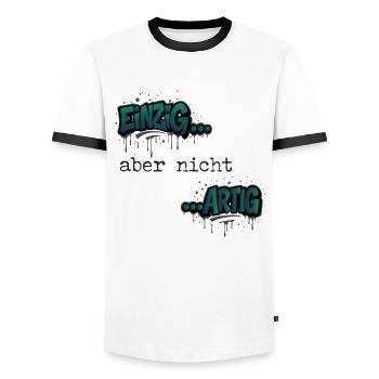 Graffiti "Unique but not nice" trend color - Men's Ringer Shirt - white/black - Front - AI Model Female 172 light (172cm) & AI Model Male 178 dark (178cm)