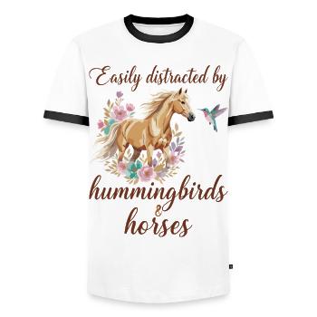 Colibris Et Chevaux Équitation Équestre Cavalier - T-shirt contrasté Homme - blanc/noir - Devant - AI Model Female 172 light (172cm) & AI Model Male 178 dark (178cm)