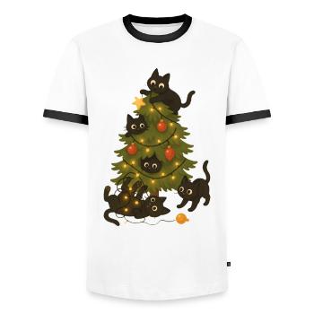 Lustige Katzen, die um den Weihnachtsbaum spielen - Männer Kontrast-T-Shirt - Weiß/Schwarz - Vorne - AI Model Female 172 light (172cm) & AI Model Male 178 dark (178cm)