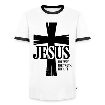 Jesus Der Weg Die Wahrheit Das Leben - Männer Kontrast-T-Shirt - Weiß/Schwarz - Vorne - AI Model Female 172 light (172cm) & AI Model Male 178 dark (178cm)