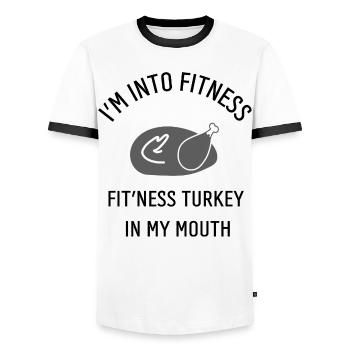Fitness Turkey in My Mouth Funny Thanksgiving Tee - Men's Ringer Shirt - white/black - Front - AI Model Female 172 light (172cm) & AI Model Male 178 dark (178cm)
