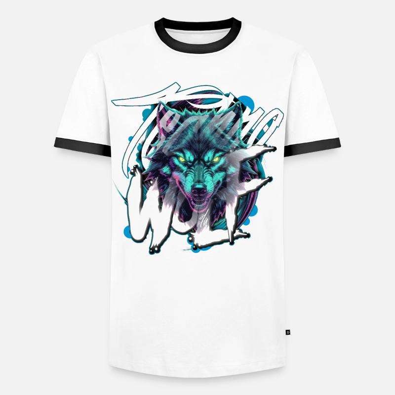 Neon Techno Wolf Head–Rave Wolf - Men's Ringer Shirt - white/black