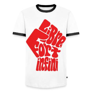 LIBRE FORT hom - let's talk - Men's Ringer Shirt - white/black - Front - AI Model Female 172 light (172cm) & AI Model Male 178 dark (178cm)