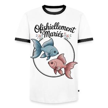 Ofishiellement Married Humor Peach Wedding Couple - Men's Ringer Shirt - white/black - Front - AI Model Female 172 light (172cm) & AI Model Male 178 dark (178cm)