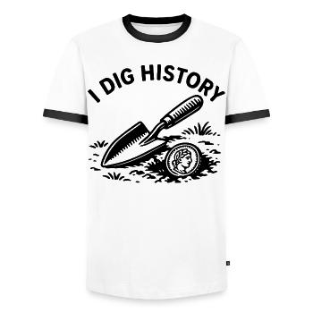 I Dig History : Aventure de détection de métaux - T-shirt contrasté Homme - blanc/noir - Devant - AI Model Female 172 light (172cm) & AI Model Male 178 dark (178cm)