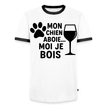 Mon chien aboie moi je bois, humour, cadeau noël - T-shirt contrasté Homme - blanc/noir - Devant - AI Model Female 172 light (172cm) & AI Model Male 178 dark (178cm)