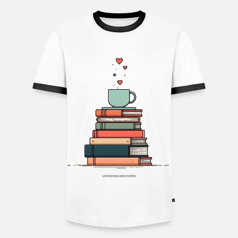 Bücherstapel & Kaffeetasse - Männer Kontrast-T-Shirt - Weiß/Schwarz