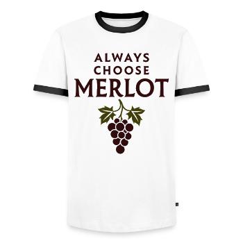ALWAYS CHOOSE MERLOT Wine Saying - Men's Ringer Shirt - white/black - Front - AI Model Female 172 light (172cm) & AI Model Male 178 dark (178cm)
