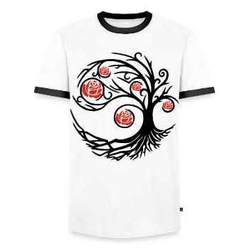 Stilisierter schwarzer Baum und rote Rosen - Männer Kontrast-T-Shirt - Weiß/Schwarz - Vorne - AI Model Female 172 light (172cm) & AI Model Male 178 dark (178cm)