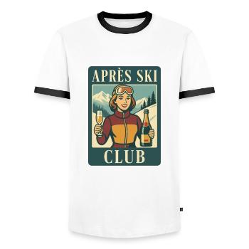 Retro Après Ski Club Ski Holiday Winter Sports - Men's Ringer Shirt - white/black - Front - AI Model Female 172 light (172cm) & AI Model Male 178 dark (178cm)