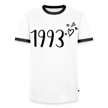 1993 - Männer Kontrast-T-Shirt - Weiß/Schwarz - Vorne - AI Model Female 172 light (172cm) & AI Model Male 178 dark (178cm)