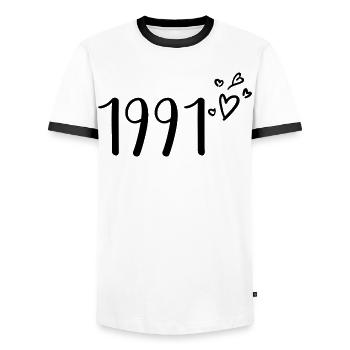 1991 - Men's Ringer Shirt - white/black - Front - AI Model Female 172 light (172cm) & AI Model Male 178 dark (178cm)