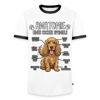 Cocker Spaniel : La vraie anatomie - T-shirt contrasté Homme - blanc/noir - Devant - AI Model Female 172 light (172cm) & AI Model Male 178 dark (178cm)