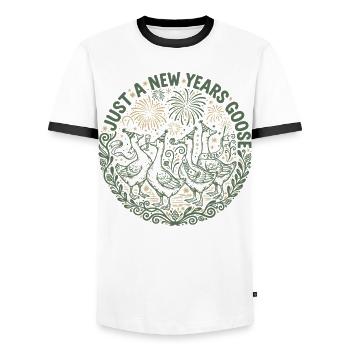 Just A New Year's Goose 2026 Party - Men's Ringer Shirt - white/black - Front - AI Model Female 172 light (172cm) & AI Model Male 178 dark (178cm)