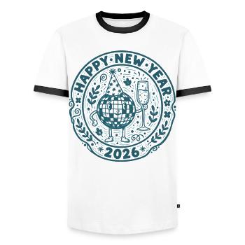 Happy New Year 2026 Celebration Design - Men's Ringer Shirt - white/black - Front - AI Model Female 172 light (172cm) & AI Model Male 178 dark (178cm)