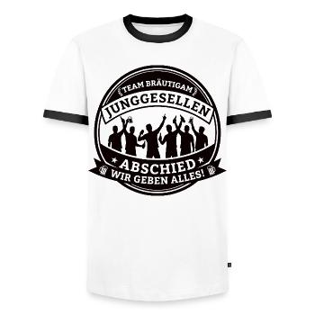 Team Bräutigam: Bachelor party – We give it our all! - Men's Ringer Shirt - white/black - Front - AI Model Female 172 light (172cm) & AI Model Male 178 dark (178cm)