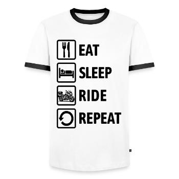 Eat Sleep Ride Repeat - Bikers, Motorcycling - Men's Ringer Shirt - white/black - Front - AI Model Female 172 light (172cm) & AI Model Male 178 dark (178cm)