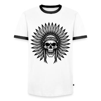 Indian Skull Warrior Feather Headdress - Men's Ringer Shirt - white/black - Front - AI Model Female 172 light (172cm) & AI Model Male 178 dark (178cm)