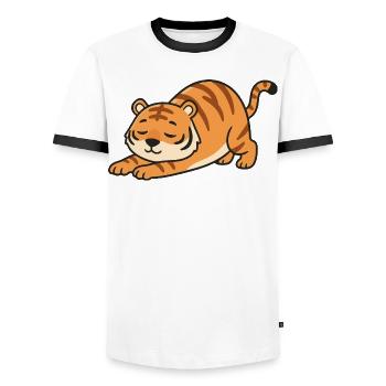 Pose d’étirement du tigre de Kawaii - T-shirt contrasté Homme - blanc/noir - Devant - AI Model Female 172 light (172cm) & AI Model Male 178 dark (178cm)