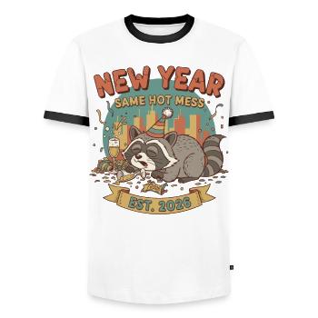 New Year Same Hot Mess Est. 2026 Celebration - Men's Ringer Shirt - white/black - Front - AI Model Female 172 light (172cm) & AI Model Male 178 dark (178cm)