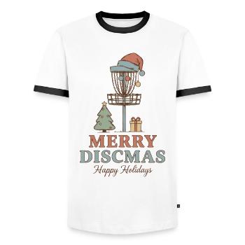 Merry Discmas Happy Holidays Disc Golf Basket - Men's Ringer Shirt - white/black - Front - AI Model Female 172 light (172cm) & AI Model Male 178 dark (178cm)