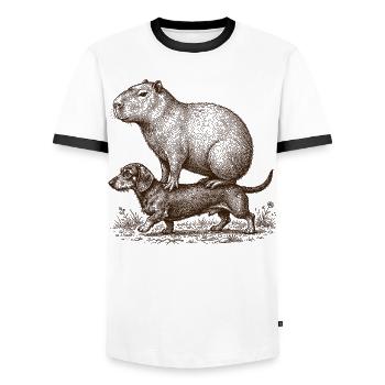 Drôle de capybara chevauchant teckel - T-shirt contrasté Homme - blanc/noir - Devant - AI Model Female 172 light (172cm) & AI Model Male 178 dark (178cm)