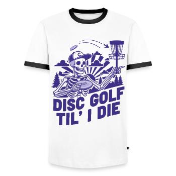 Disc Golf jusqu’à la mort Disc Golfer Drôle Disc Disc Flying Disc - T-shirt contrasté Homme - blanc/noir - Devant - AI Model Female 172 light (172cm) & AI Model Male 178 dark (178cm)