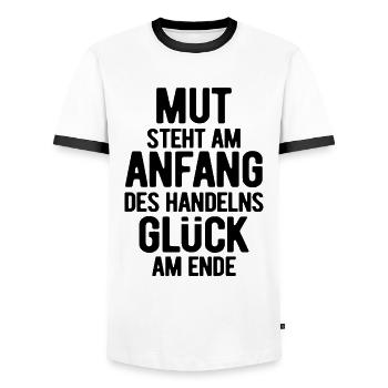 Courage is at the beginning - Motivation - Resolutions - Men's Ringer Shirt - white/black - Front - AI Model Female 172 light (172cm) & AI Model Male 178 dark (178cm)