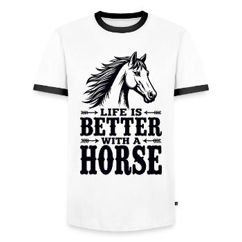 La vie est meilleure avec une déclaration de Horse Reiter - T-shirt contrasté Homme - blanc/noir - Devant - AI Model Female 172 light (172cm) & AI Model Male 178 dark (178cm)