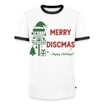 Fröhliche Discmas Frohe Feiertage Disc Golf Korb - Männer Kontrast-T-Shirt - Weiß/Schwarz - Vorne - AI Model Female 172 light (172cm) & AI Model Male 178 dark (178cm)