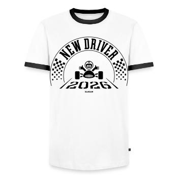 New Driver 2026 (Driving Licence / Black) - Men's Ringer Shirt - white/black - Front - AI Model Female 172 light (172cm) & AI Model Male 178 dark (178cm)