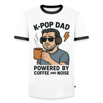 K Pop Dad Powered By Coffee And Noise - Men's Ringer Shirt - white/black - Front - AI Model Female 172 light (172cm) & AI Model Male 178 dark (178cm)