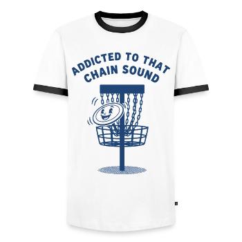 Accro à ce disque de disque volant au son de chaîne - T-shirt contrasté Homme - blanc/noir - Devant - AI Model Female 172 light (172cm) & AI Model Male 178 dark (178cm)