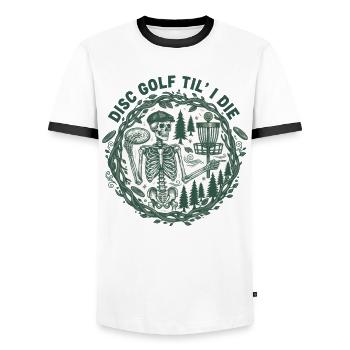Disc Golf jusqu’à la mort Panier drôle de disc golfeur - T-shirt contrasté Homme - blanc/noir - Devant - AI Model Female 172 light (172cm) & AI Model Male 178 dark (178cm)