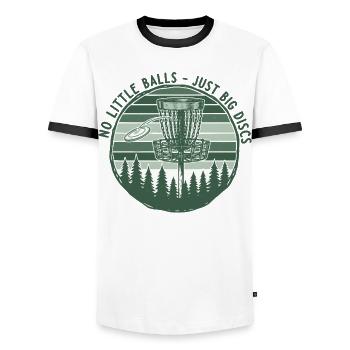 No Little Balls Just Big Discs Funny Disc Golf - Men's Ringer Shirt - white/black - Front - AI Model Female 172 light (172cm) & AI Model Male 178 dark (178cm)