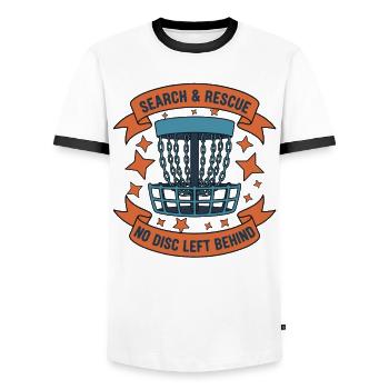 Search And Rescue No Disc Left Behind Disc Golf - Men's Ringer Shirt - white/black - Front - AI Model Female 172 light (172cm) & AI Model Male 178 dark (178cm)