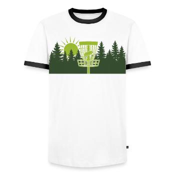 Disc Golf Sonnenaufgang im Wald - Männer Kontrast-T-Shirt - Weiß/Schwarz - Vorne - AI Model Female 172 light (172cm) & AI Model Male 178 dark (178cm)