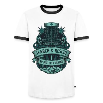 Search And Rescue No Disc Left Behind Disc Golf - Men's Ringer Shirt - white/black - Front - AI Model Female 172 light (172cm) & AI Model Male 178 dark (178cm)