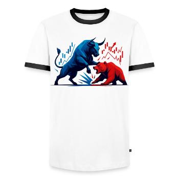 Bull vs. Bear Wall Street Stock Market Fight Stocks - Men's Ringer Shirt - white/black - Front - AI Model Female 172 light (172cm) & AI Model Male 178 dark (178cm)