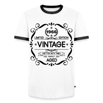 Vintage Limited Edition Born in 1966 Perfect Aged - Men's Ringer Shirt - white/black - Front - AI Model Female 172 light (172cm) & AI Model Male 178 dark (178cm)