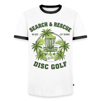 Search And Rescue No Disc Left Behind Disc Golf - Men's Ringer Shirt - white/black - Front - AI Model Female 172 light (172cm) & AI Model Male 178 dark (178cm)