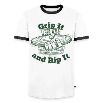 Pack es und reiß es Disc Golf Flying Disc - Männer Kontrast-T-Shirt - Weiß/Schwarz - Vorne - AI Model Female 172 light (172cm) & AI Model Male 178 dark (178cm)