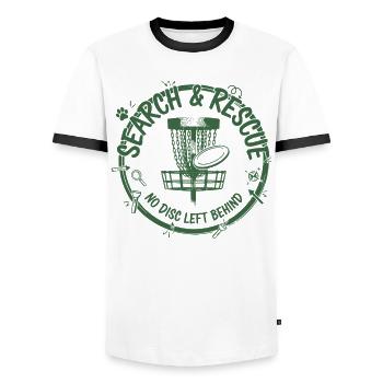 Search And Rescue No Disc Left Behind Disc Golf - Men's Ringer Shirt - white/black - Front - AI Model Female 172 light (172cm) & AI Model Male 178 dark (178cm)